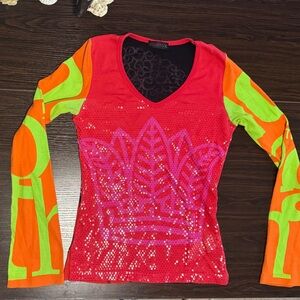 Custo Barcelona Red, Neon Orange & Lime Green Sequin Long Sleeve Top